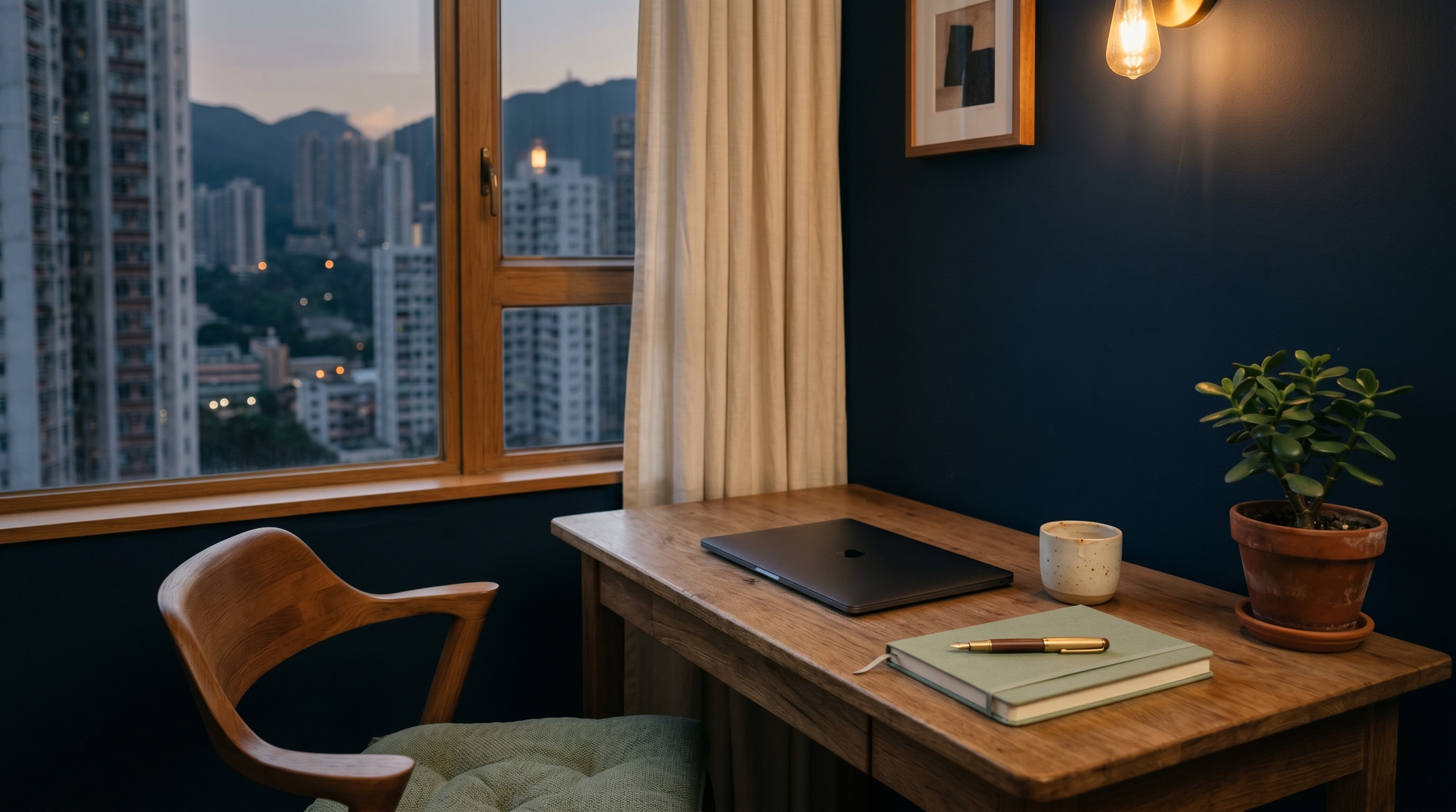 簡潔的單人工作桌面:闔上的 MacBook、深藍筆記簿、墨水筆、單個茶杯、銅枱燈、玉樹及維港夜景