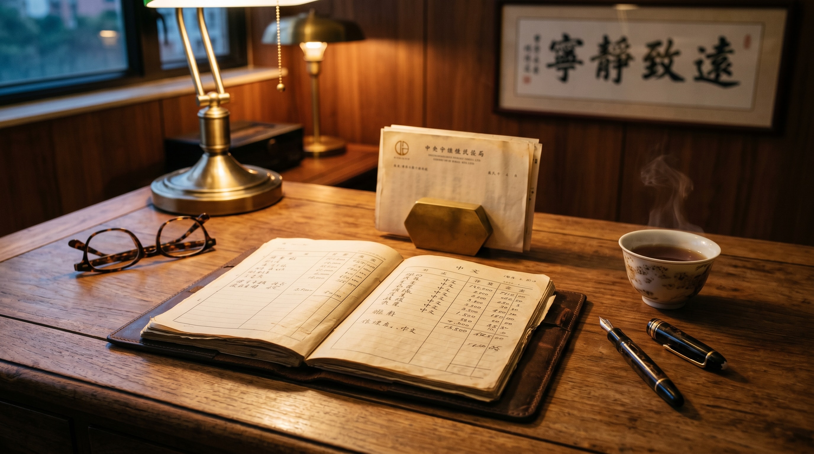 宏毅顧問手執手寫帳簿,銀色腕錶,書房暖光