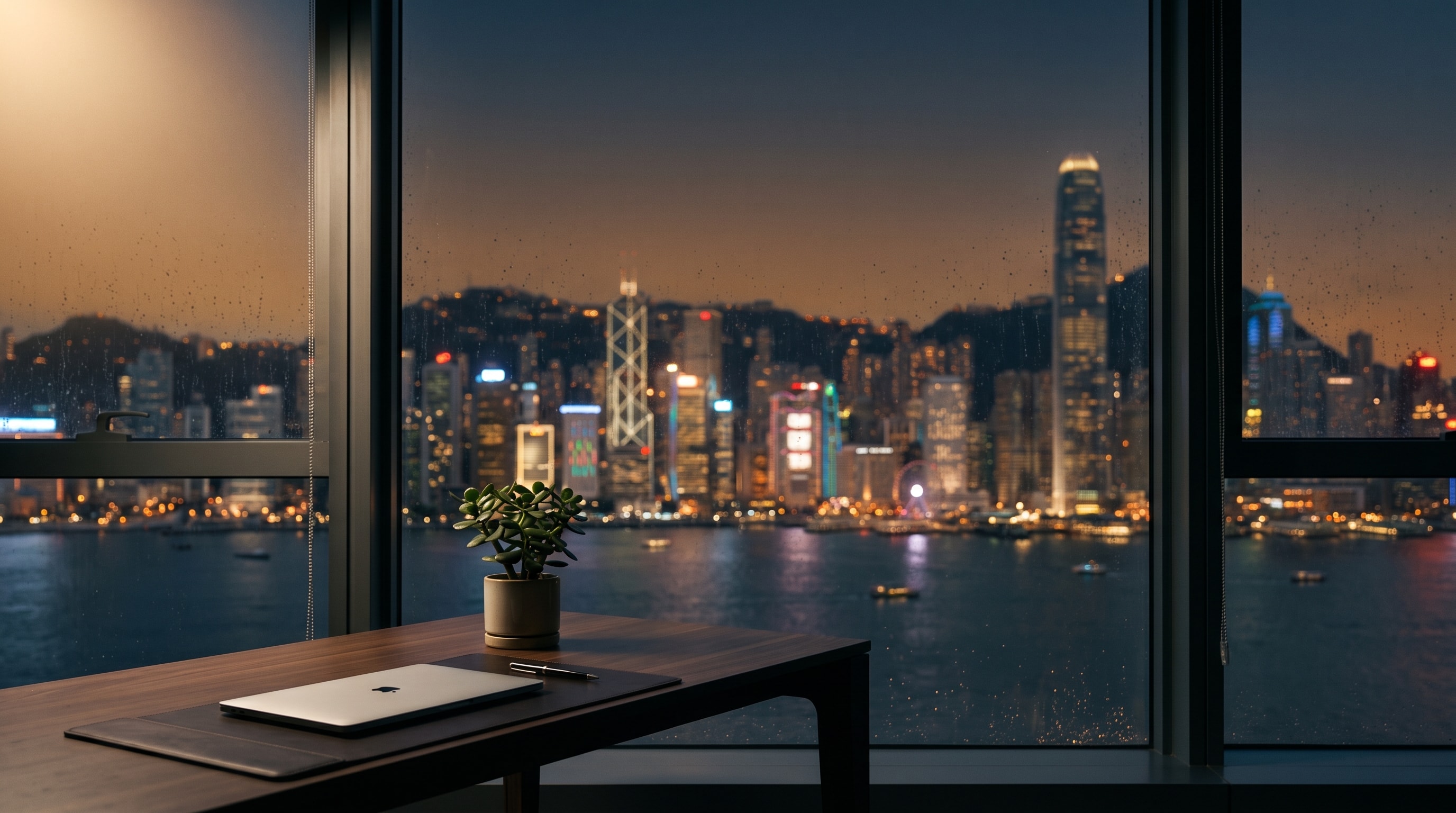維港夜雨景色,桌面上的 MacBook 與小植物
