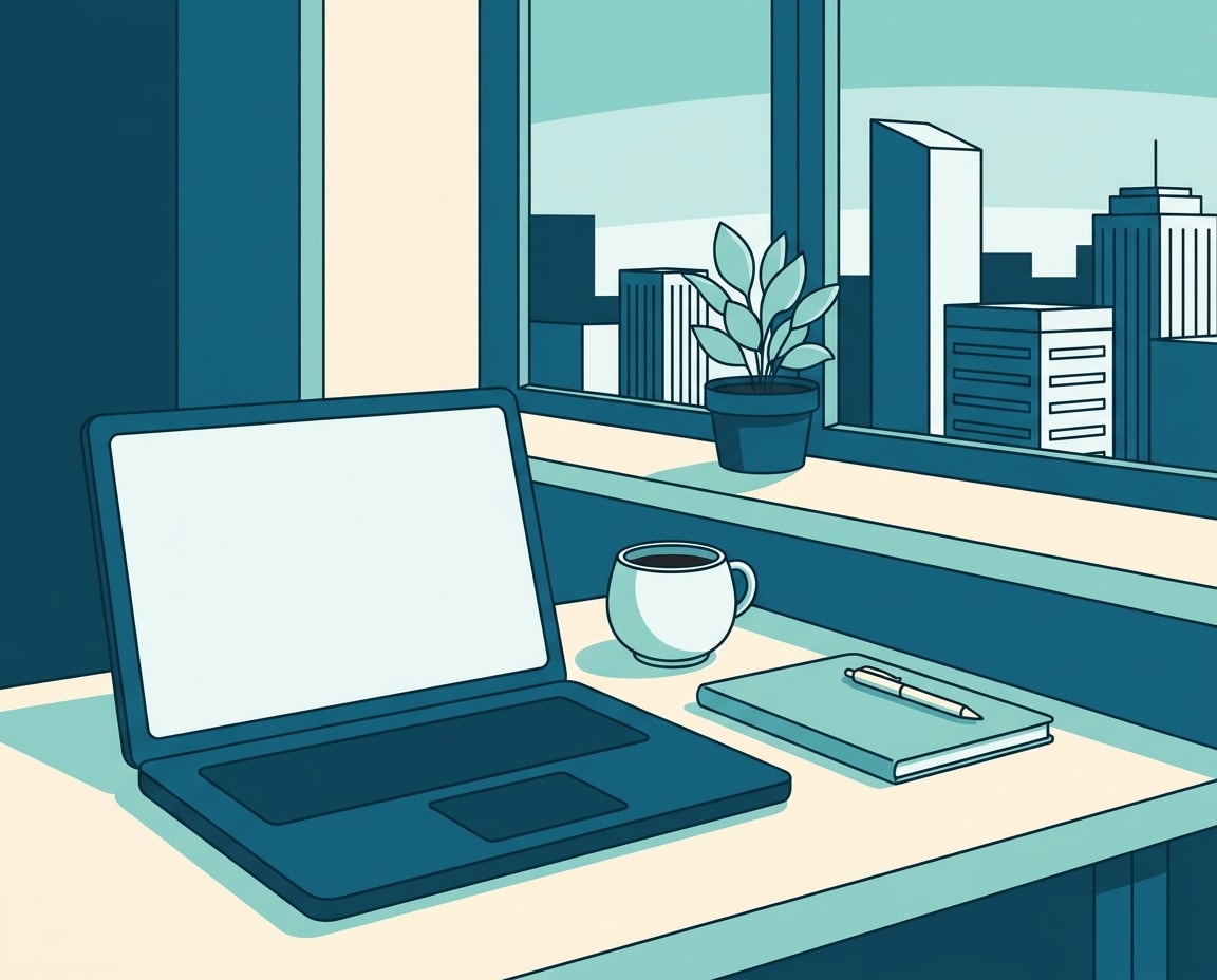 黃昏家居書桌插畫:闔上嘅手提電腦、筆記簿、瓷杯同窗外城景