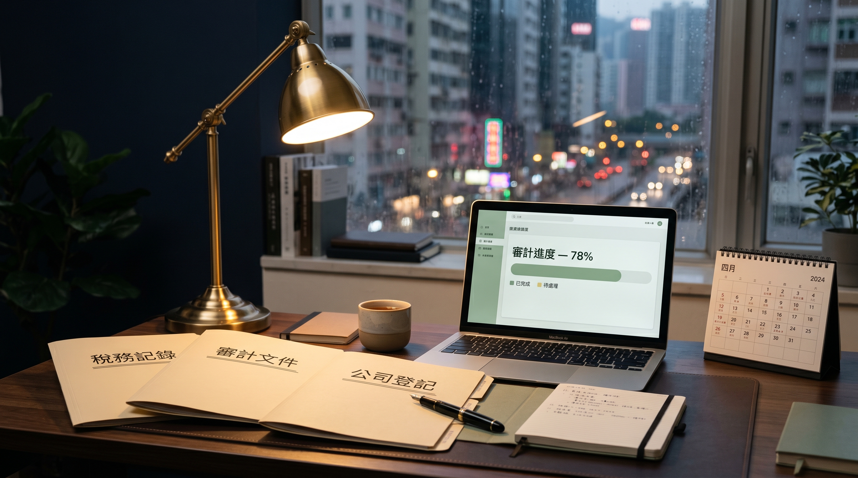 夜間書房，銅燈下三個檔案夾標籤「稅務記錄／審計文件／公司登記」，筆記本電腦顯示「審計進度 78%」