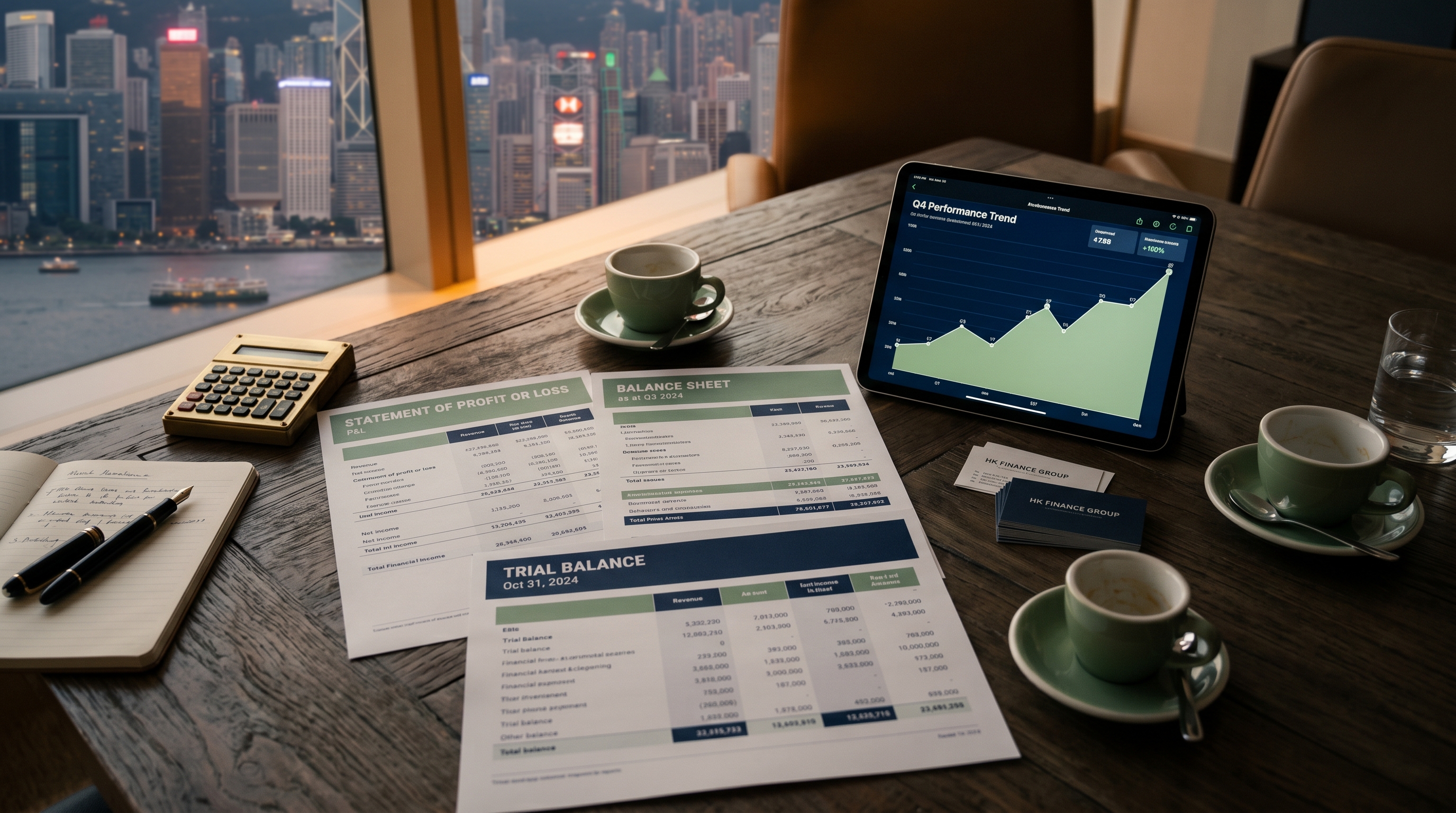 高層桌面：平板顯示總體表現 +12% 圖表、紙本報表 FY2024 Q3 Financial Review、計算機、咖啡杯